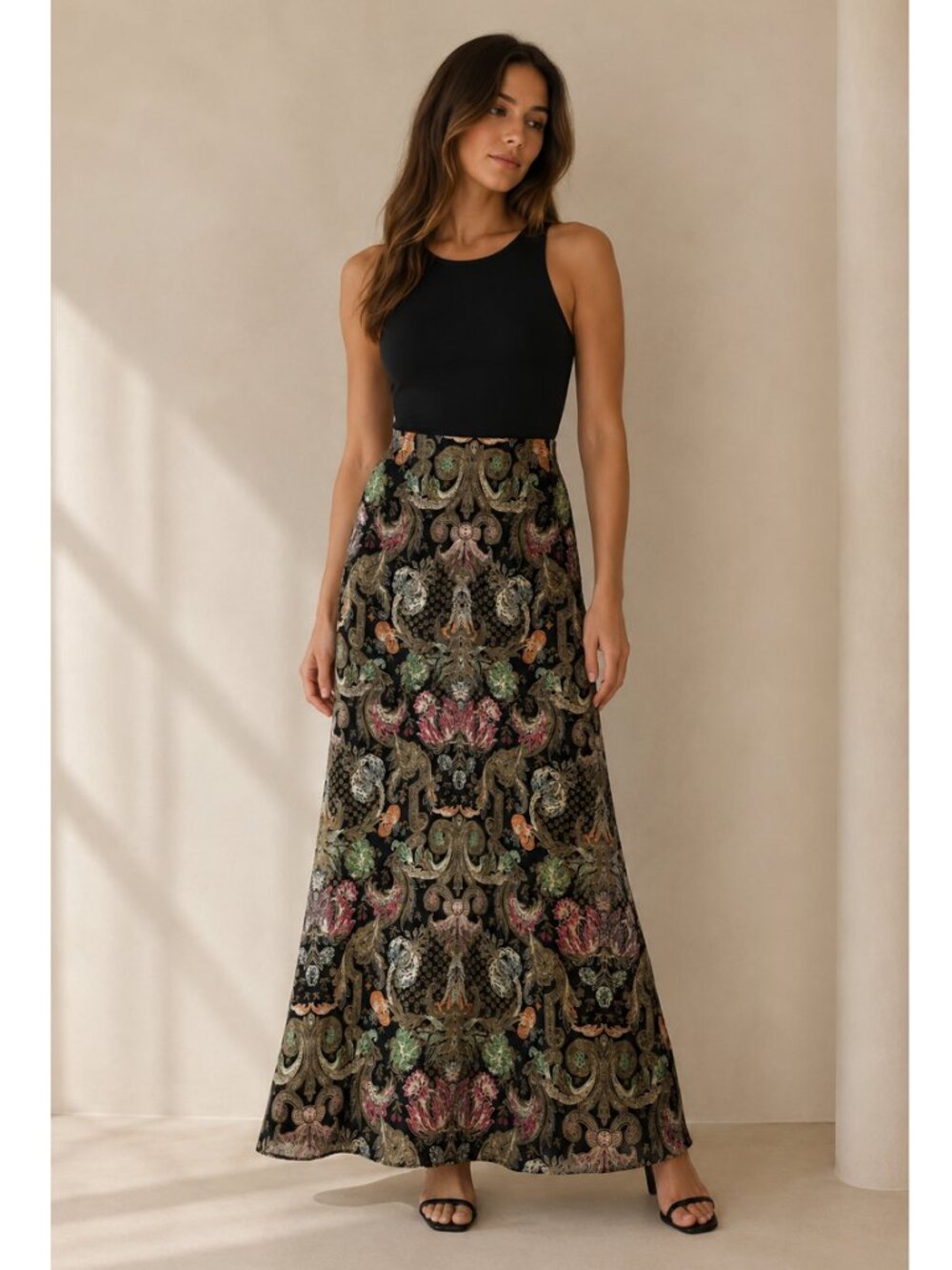 Vintage Silk Beaded Floral Maxi Skirt Black Embellished Long Tall Evening 10